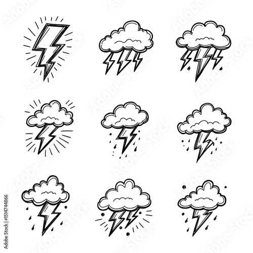 Thunderstorm weather doodle icon set vector silhouette Hand drawn black and white cloud lightning bolt and rain sketch symbols for forecast graphics