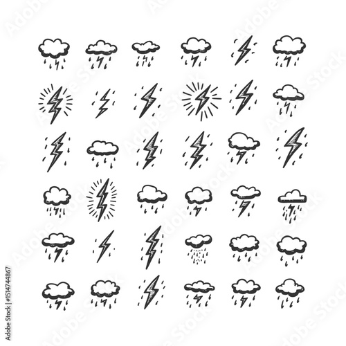 Stormy weather doodle icon set vector silhouette Hand drawn black and white cloud lightning bolt and rain sketch symbols for forecast and climate graphics