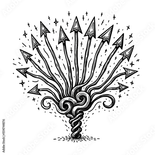 Magic abstract arrows vector silhouette Hand drawn doodle illustration of growth and energy burst with a vintage surreal twisted base and sparkles design