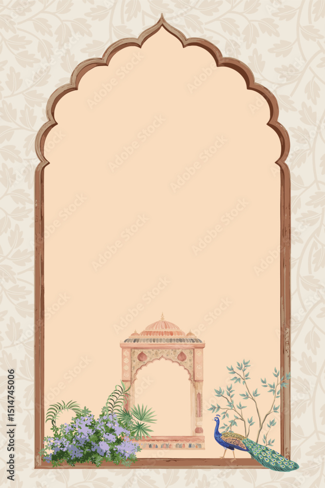 custom made wallpaper toronto digitalTraditional Indian decorative arch frame with garden and peacock for invitation
