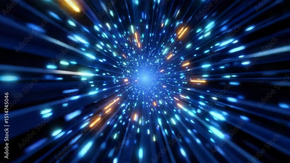 Dynamic Light Particles Swirling in a Cosmic Tunnel with Blue and Orange Hues Dynamic Light Particles Swirling in a Cosmic Tunnel with Blue and Orange Hues