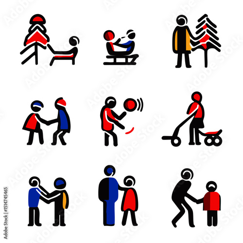 Minimalist line icons of snowball fights sledding snow angels winter fun in festive outdoor theme