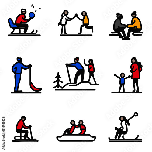Minimalist line icons of snowball fights sledding snow angels winter fun in festive outdoor theme