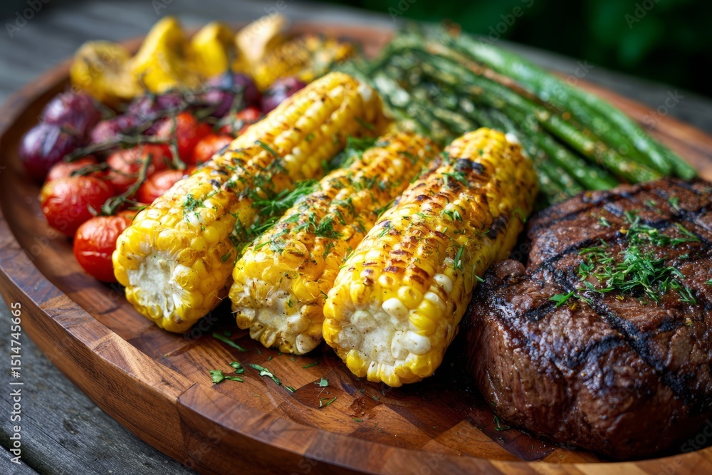 Delicious grilled steak with corn and vegetables on a wooden platter at a summer gathering in a backyard Delicious grilled steak with corn and vegetables on a wooden platter at a summer gathering in a backyard