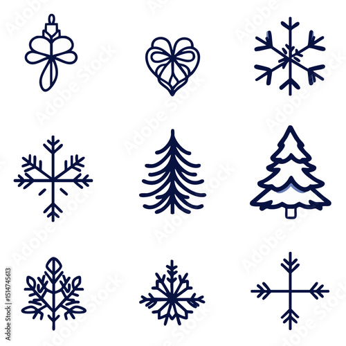 Monoline Christmas ornament icons including hearts snowflakes tree toppers for modern holiday branding