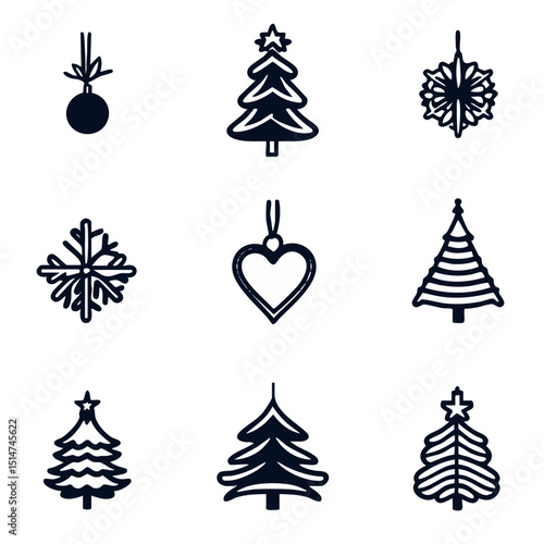 Monoline Christmas ornament icons including hearts snowflakes tree toppers for modern holiday branding