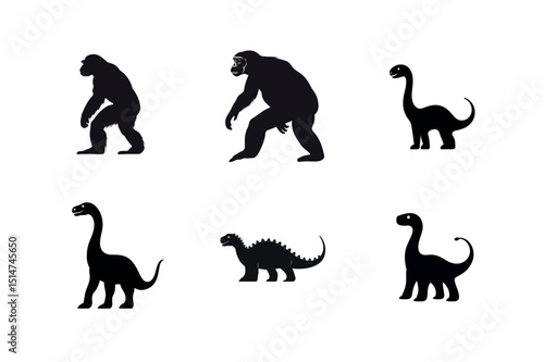 Silhouette set of primates and dinosaurs