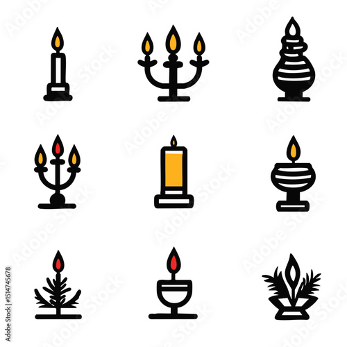 Monoline icons of holiday candlelight scenes including menorahs pillar candles scented candles holders
