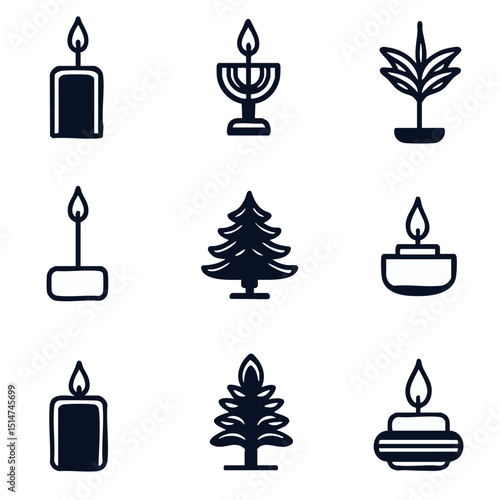 Monoline icons of holiday candlelight scenes including menorahs pillar candles scented candles holders