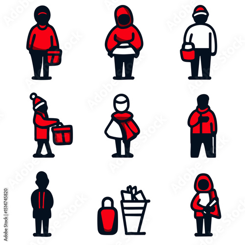 Outline icons of holiday charity including donation box volunteers food drive winter clothing giveaways