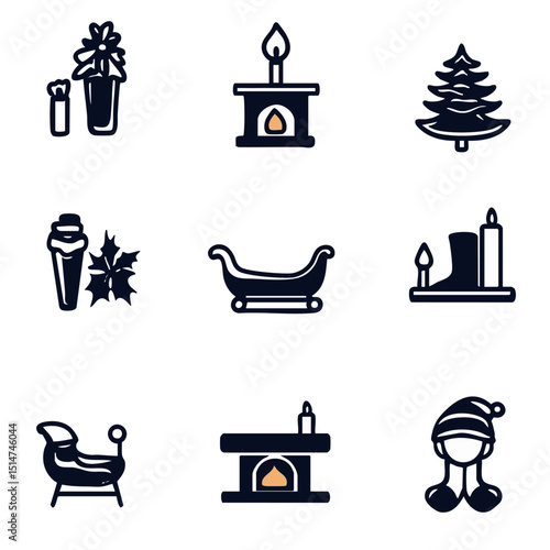 Christmas outline icons pack sleigh candle Santa hat fireplace and elf boots in simple line art for seasonal UIUX designs