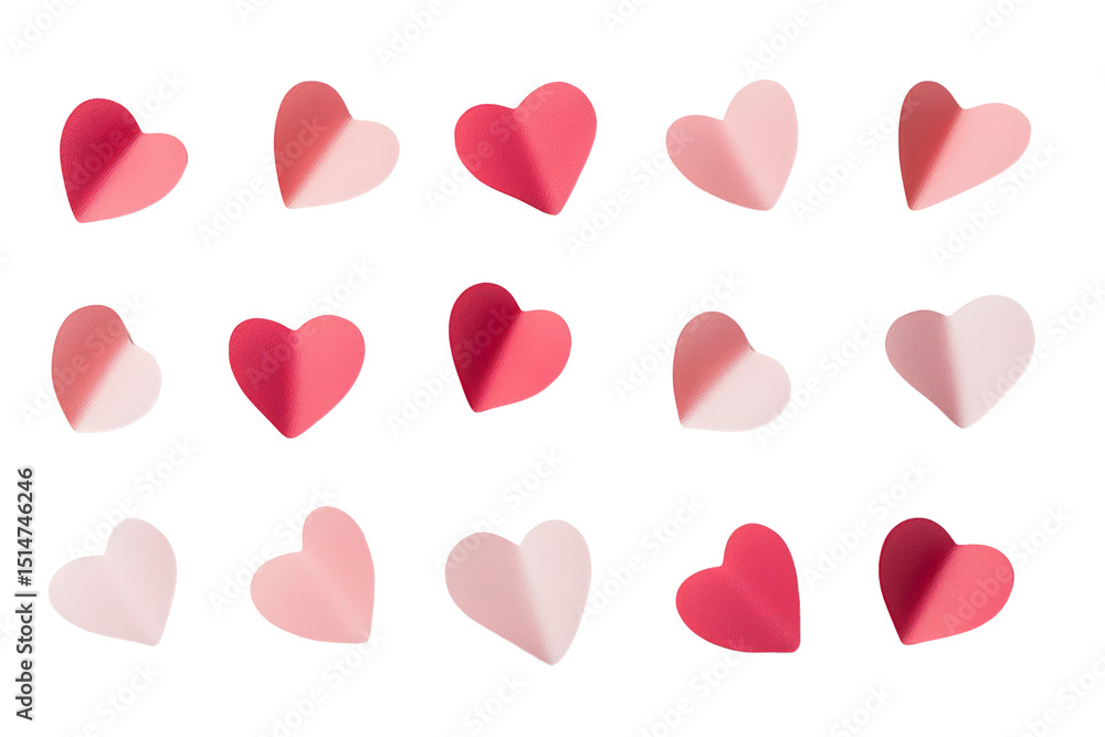 Minimalist heart shapes in pastel pink and red, scattered randomly, isolated on a white background Minimalist heart shapes in pastel pink and red, scattered randomly, isolated on a white background