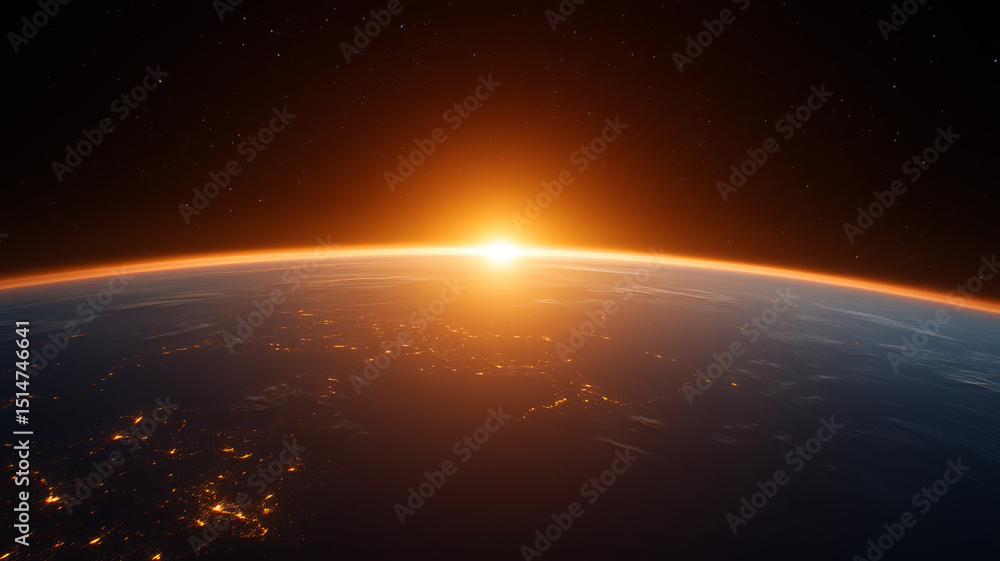 Obraz premium Breathtaking sunrise over Earth from space, showcasing vibrant colors and serene atmosphere
