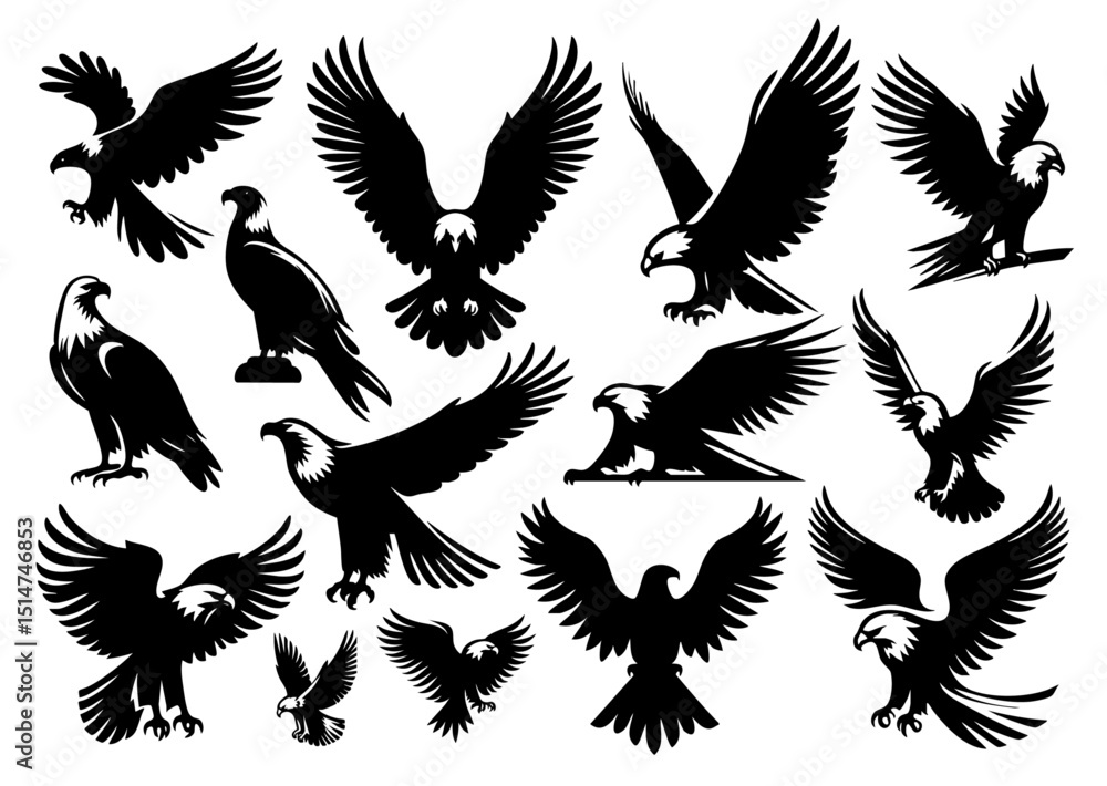 Obraz premium Collection of Eagle Silhouette Style Vector Illustrations – Flying and Standing Eagles in Minimal Black Silhouettes for Logos, Posters, Tattoos, Wildlife, and Patriotic Designs