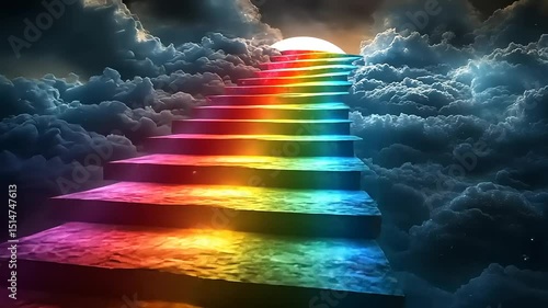 Colorful Stairway Ascending Through Fluffy Clouds Towards a Radiant Celestial Light