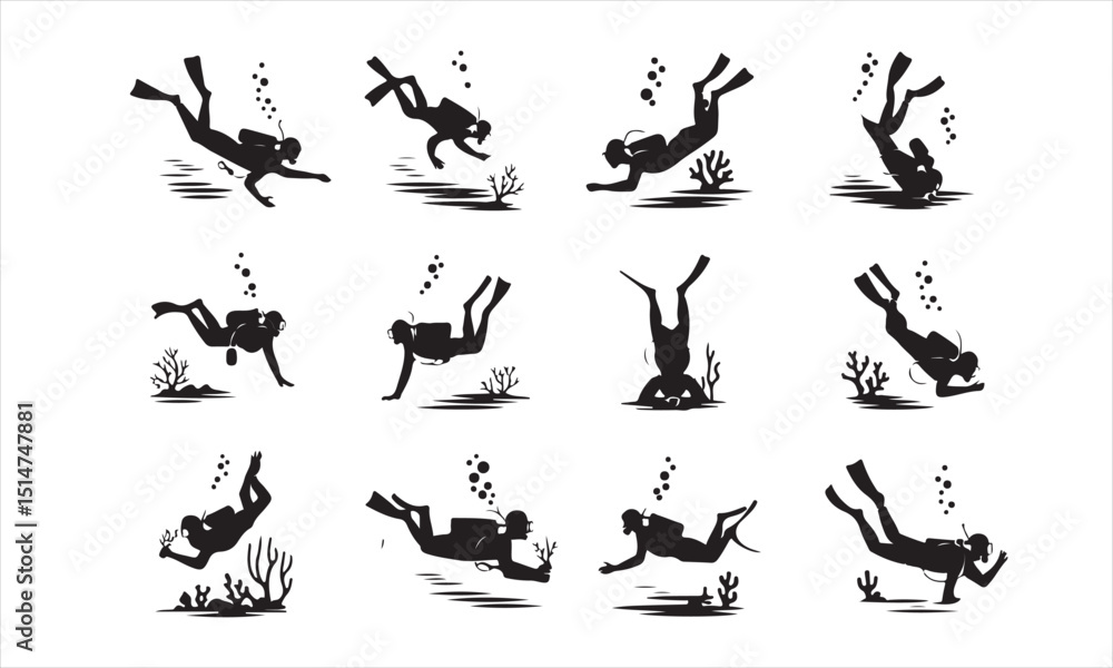 A set of twelve black silhouette illustrations of scuba divers in various underwater poses. A set of twelve black silhouette illustrations of scuba divers in various underwater poses.