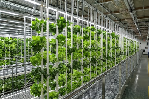 Vertical Farm: Rows of hydroponically grown lettuce under bright artificial lights