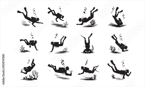 A set of twelve black silhouette illustrations of scuba divers in various underwater poses.