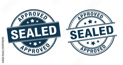 Sealed and Approved Rubber Stamp Blue Set | Quality Assurance, Verification, Compliance, and Official Authorization Graphics for Business and Product Marketing