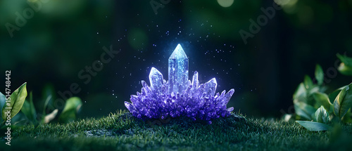 Glowing Purple And Blue Crystal On Mossy Forest Floor