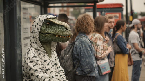 Man in Dinosaur Costume Waiting at Bus Stop Among Casual Commuters

