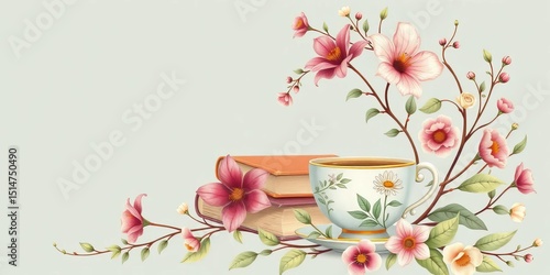 Elegant botanical illustrations entwined with books and a teacup; perfect for reading club promotion,  invitation,  elegant