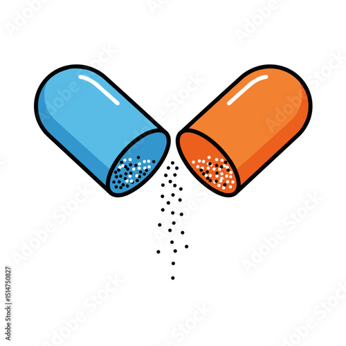 Open capsule with contents spilling out, representing themes of medicine and health