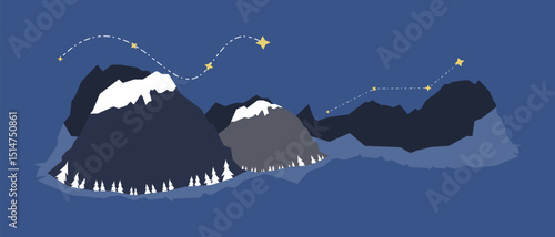Flat vector illustration of mountain landscape at night with a star trail path across the sky. Ideal for outdoor adventure graphics, hiking themes, or inspirational travel visuals.