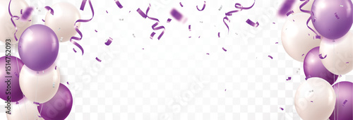Purple balloons and confetti banner, isolated on transparent background