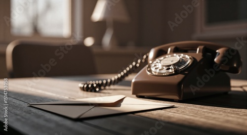 Brown vintage rotary phone on a tabletop, symbolizing communication history and old technology. Retro telephone for design.