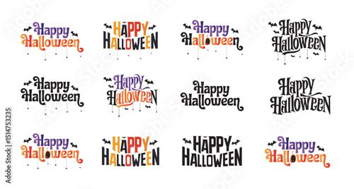 Happy Halloween vector text banner illustration. Happy Halloween design, background graphic. Featuring black and orange bats suitable for placing over Halloween cards, social media and poster designs