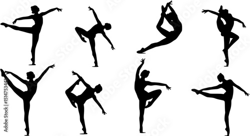 silhouette gymnast dancer, set of ballerina female flexible pose
