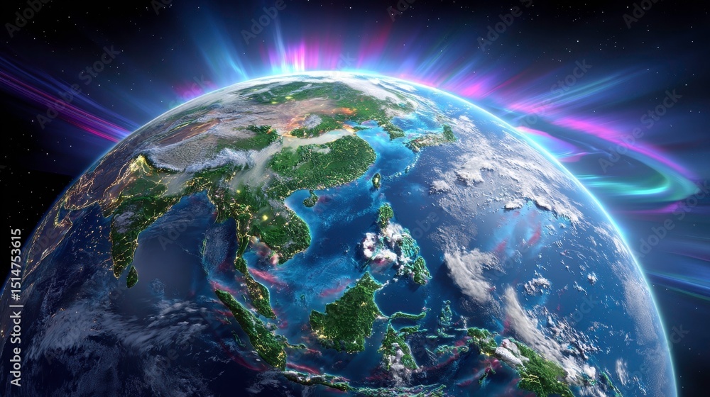 Fototapeta premium Earth From Space, Global Aurora, Climate Change Visualization.