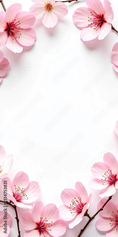 Naklejka premium Flatlay of Cherry Blossom Branches and Scattered Petals on Soft Pastel Background, Capturing the Delicate Beauty, Romantic Mood, and Seasonal Elegance of Spring in a Clean and Minimal Overhead Composi