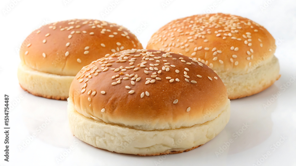 Three sesame seed hamburger buns isolated on white background, showcasing their golden-brown tops and soft, fluffy texture, perfect for burgers and sandwiches Three sesame seed hamburger buns isolated on white background, showcasing their golden-brown tops and soft, fluffy texture, perfect for burgers and sandwiches