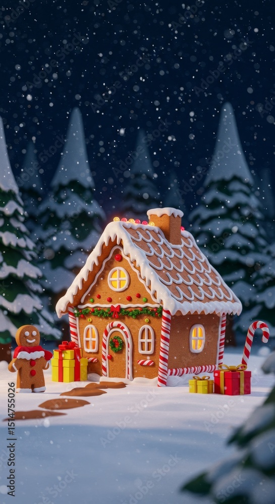 3D Festive Gingerbread House Scene with Gifts and Snowy Trees 3D Festive Gingerbread House Scene with Gifts and Snowy Trees