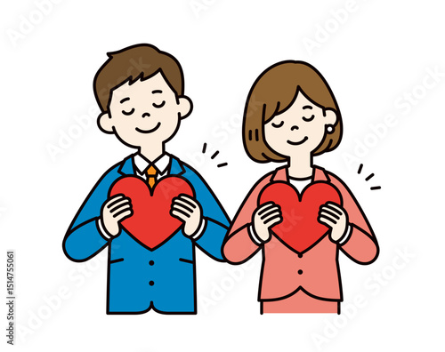 目を閉じて胸にハートを持つ、ビジネスマンのシンプルなベクターイラスト素材＿男女セット＿カラー