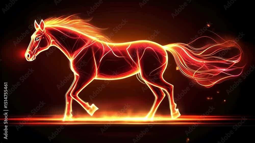Glowing neon horse silhouette in motion with sparkling particles. 2026 year red fiery horse according calendar Glowing neon horse silhouette in motion with sparkling particles. 2026 year red fiery horse according calendar
