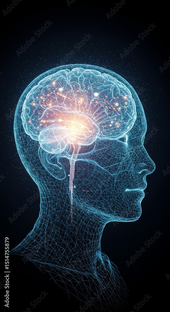 Obraz premium 3D Illustration of Glowing Digital Brain For Human Intelligence and Ai