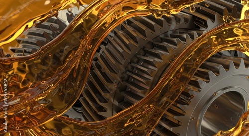 3D Illustration of Gears in Golden Oil Automotive Metallic Machine