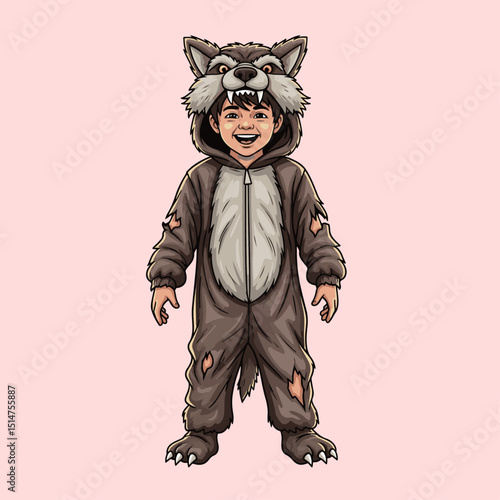 halloween vector illustration little boy cosplay cute wolf