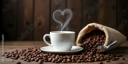 A cup of coffee steam shaped into a heart, surrounded by roasted coffee beans.
