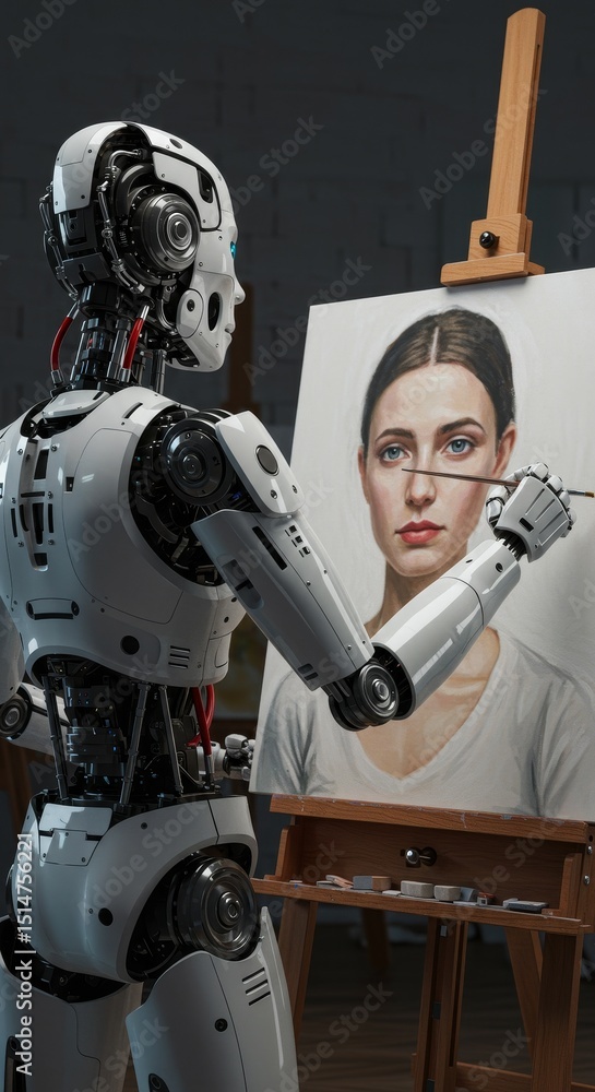 Naklejka premium 3D Robot Painting Portrait Of Woman With Brush On Canvas Indoors