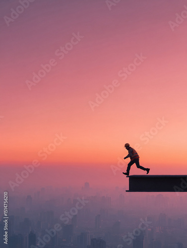 Wallpaper Mural Silhouette of a construction worker running atop a skyscraper against a vibrant sunrise. Symbolizing ambition, risk, and progress against an urban backdrop. Torontodigital.ca