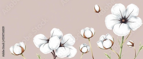Hand-drawn cotton flowers & buds, botanical vector illustration for floral design,  wallpaper,  fluffy