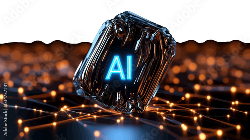 Futuristic crystalline AI block hovering above glowing neural network with abstract lights and digital circuits, symbolizing artificial intelligence and high-tech energy transmission
