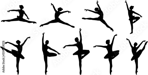 silhouette gymnast dancer, set of ballerina female flexible pose
