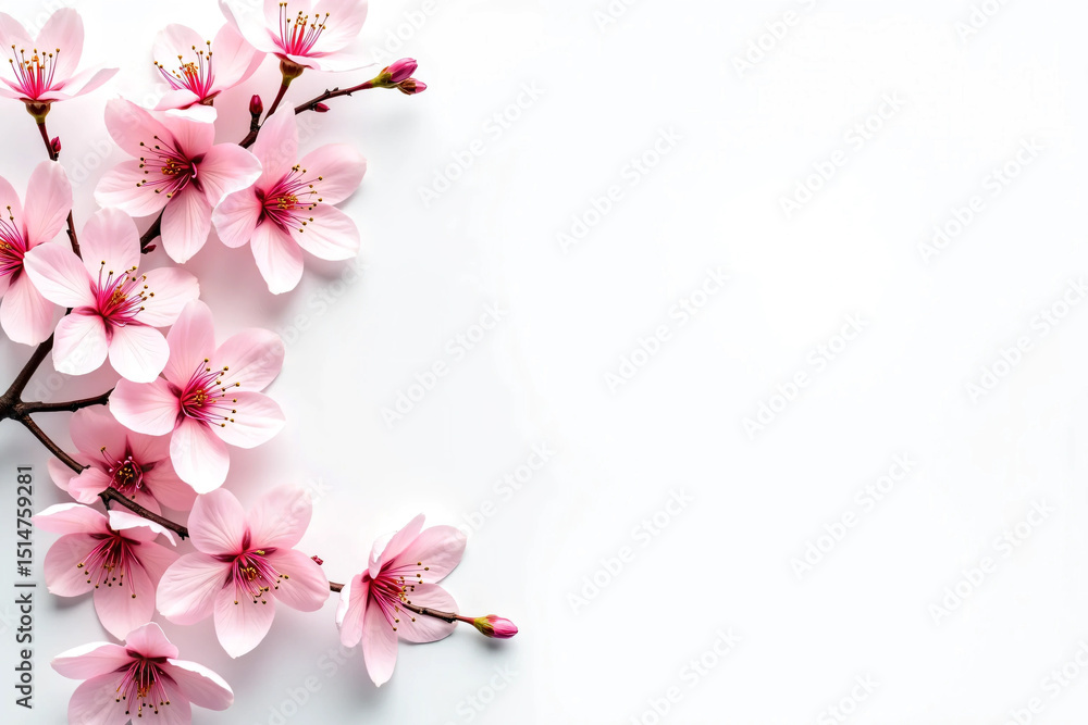 Fototapeta premium Flatlay of Cherry Blossom Branches and Scattered Petals on Soft Pastel Background, Capturing the Delicate Beauty, Romantic Mood, and Seasonal Elegance of Spring in a Clean and Minimalist