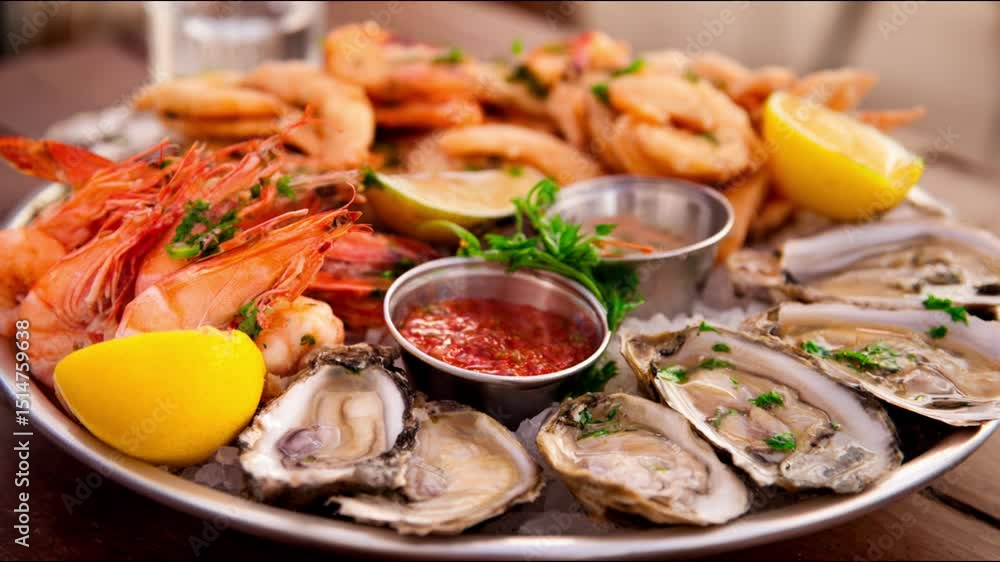 A close-up shot of a delectable seafood platter with a vibrant yellow lemon. A close-up shot of a delectable seafood platter with a vibrant yellow lemon.
