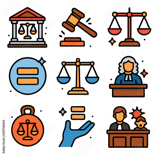 Colorful Law and Justice Icons Set: Gavel, Scales, Courthouse, Judge